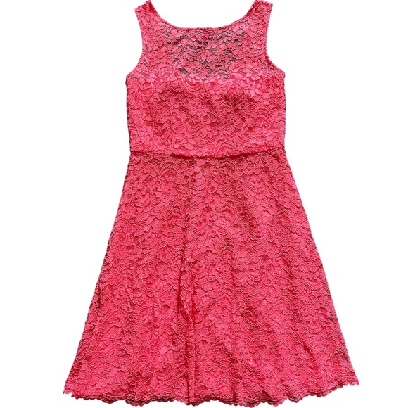 David’s Bridal • Coral Peach Lace Bridesmaid Dress • MIDI Sleeveless Size 10 - Picture 1 of 8